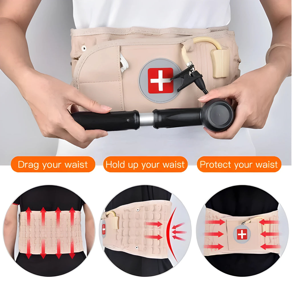 Waist air traction brace belt with inflatable ball and magnetic massage for lumbar spine support, worn on the waist