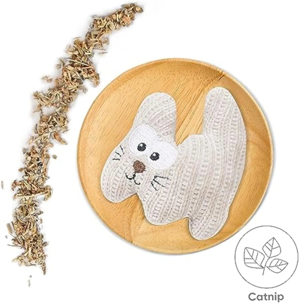 Cyan plush cat toy with bell and catnip, measuring 12cm by 11cm, on a white background