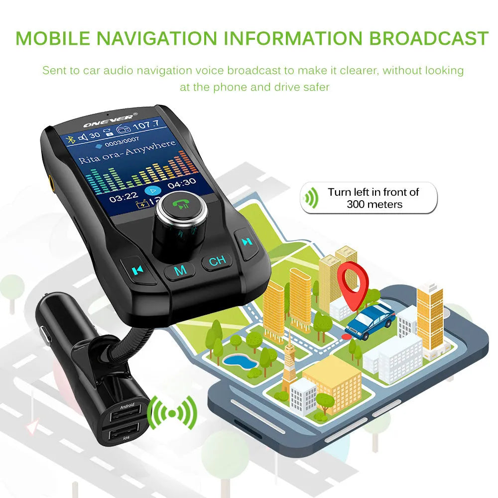 Car Bluetooth FM transmitter with colour screen showing FM frequency and dual USB charging ports