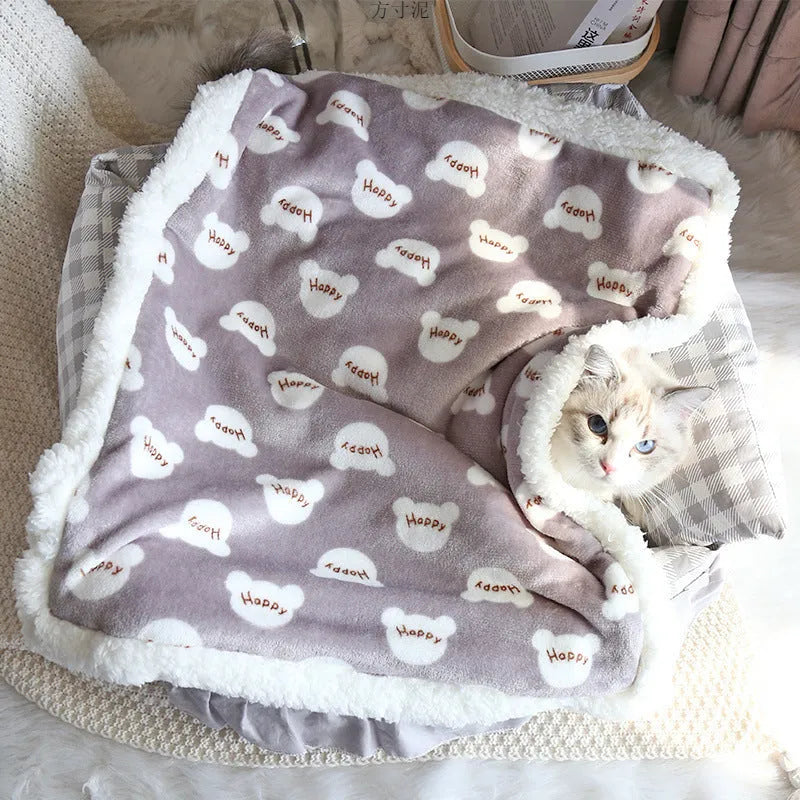 Thick lamb fleece pet dog blanket soft flannel cat cushion in blue on a wooden floor