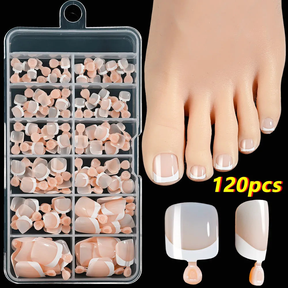 120 French white edge toenail pieces in nine nude shades, short square shape