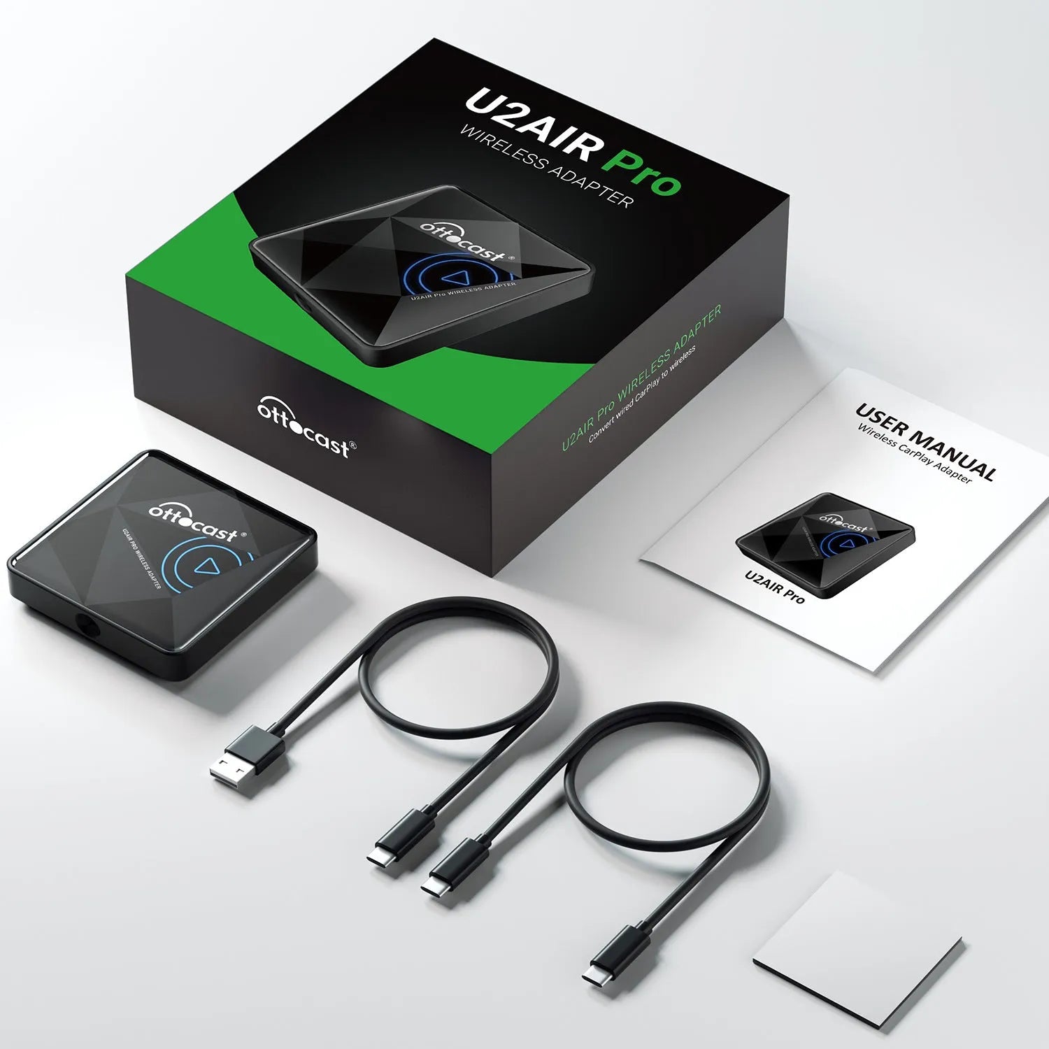 Black wireless car Bluetooth AIBOX with Type-C port on a compact rectangular body