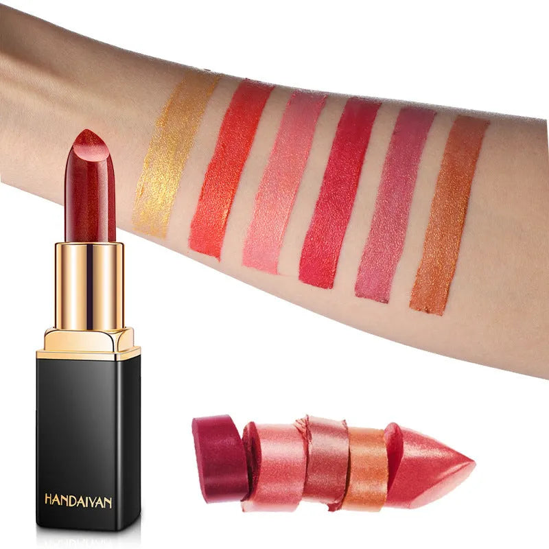 Pearlescent colour change temperature change lipstick with colour-shifting finish