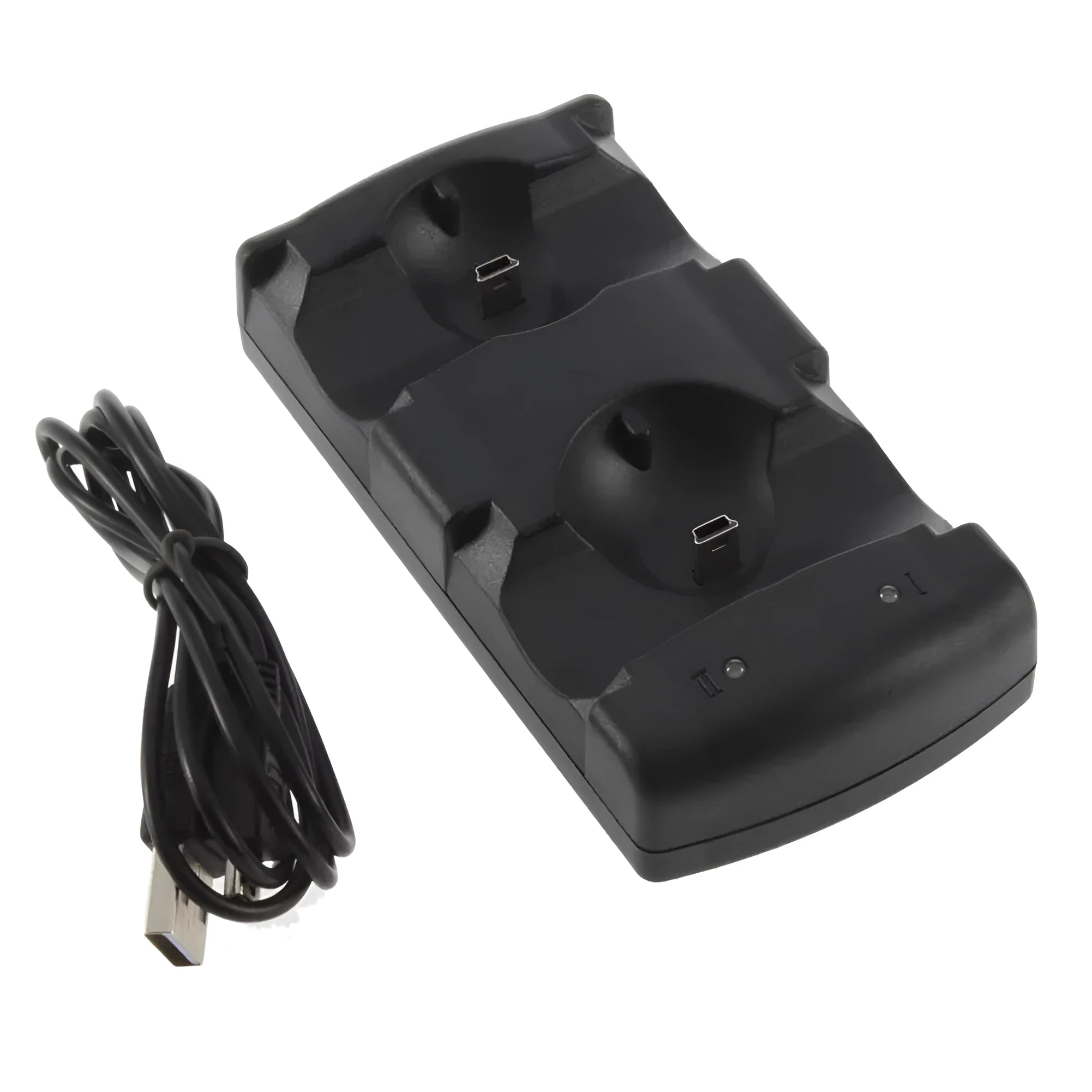 Black PS3 dual charging dock with two wireless controllers inserted, connected to console via USB cable.