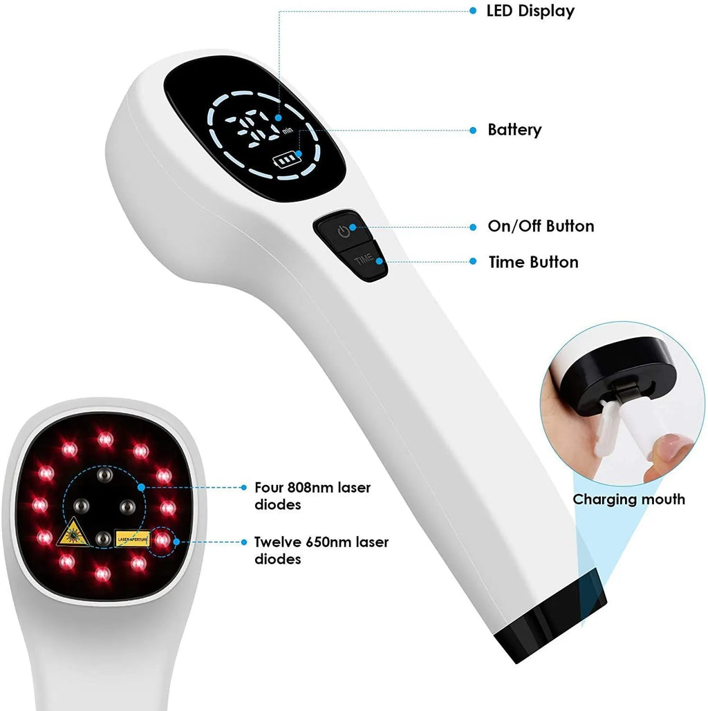 Hand-held red light therapy device in black and white with LED panel, carrying case, and safety glasses