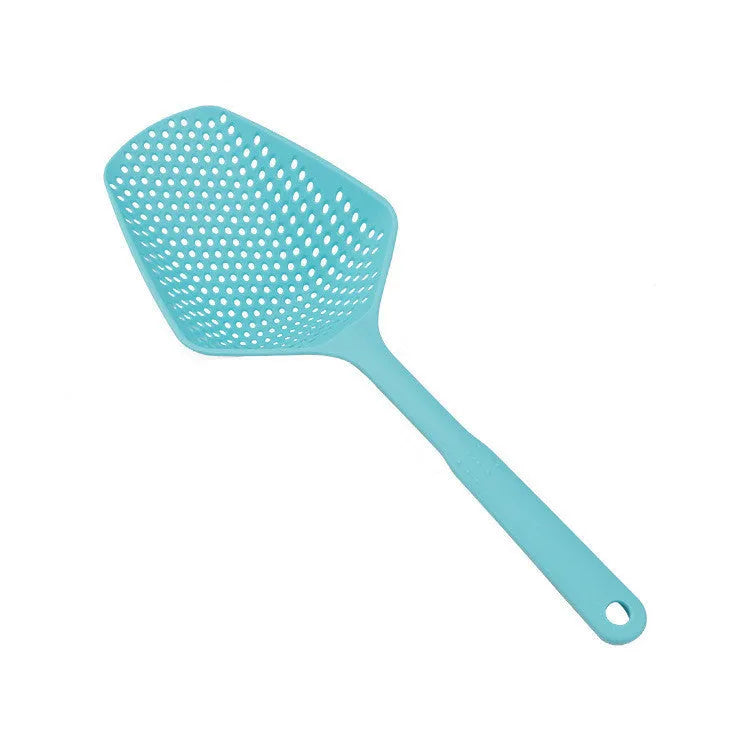 Large black nylon kitchen colander strainer scoop with draining holes for frying and soup.