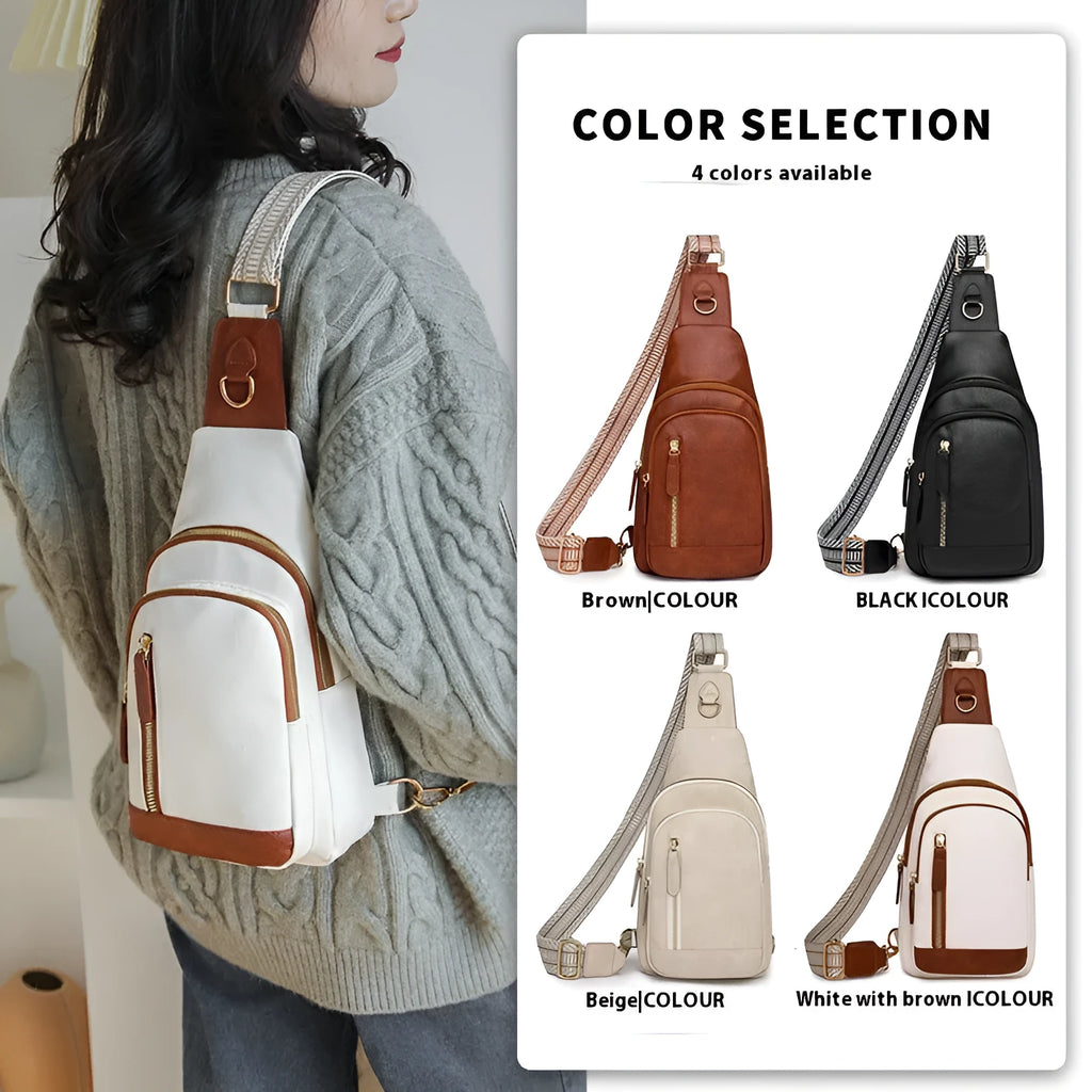 Soft brown women's crossbody chest bag with an open front pocket and decorative stitching.