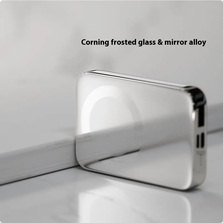 Portable household wireless magnetic power bank 10000mAh 27W in pure white mirror silver with alloy case and magnetic bracket