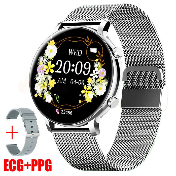 Black Bluetooth smartwatch with stainless steel strap showing call screen and heart rate monitor
