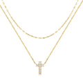 S925 sterling silver double layer twin diamond cross pendant necklace on an adjustable clavicle chain.
