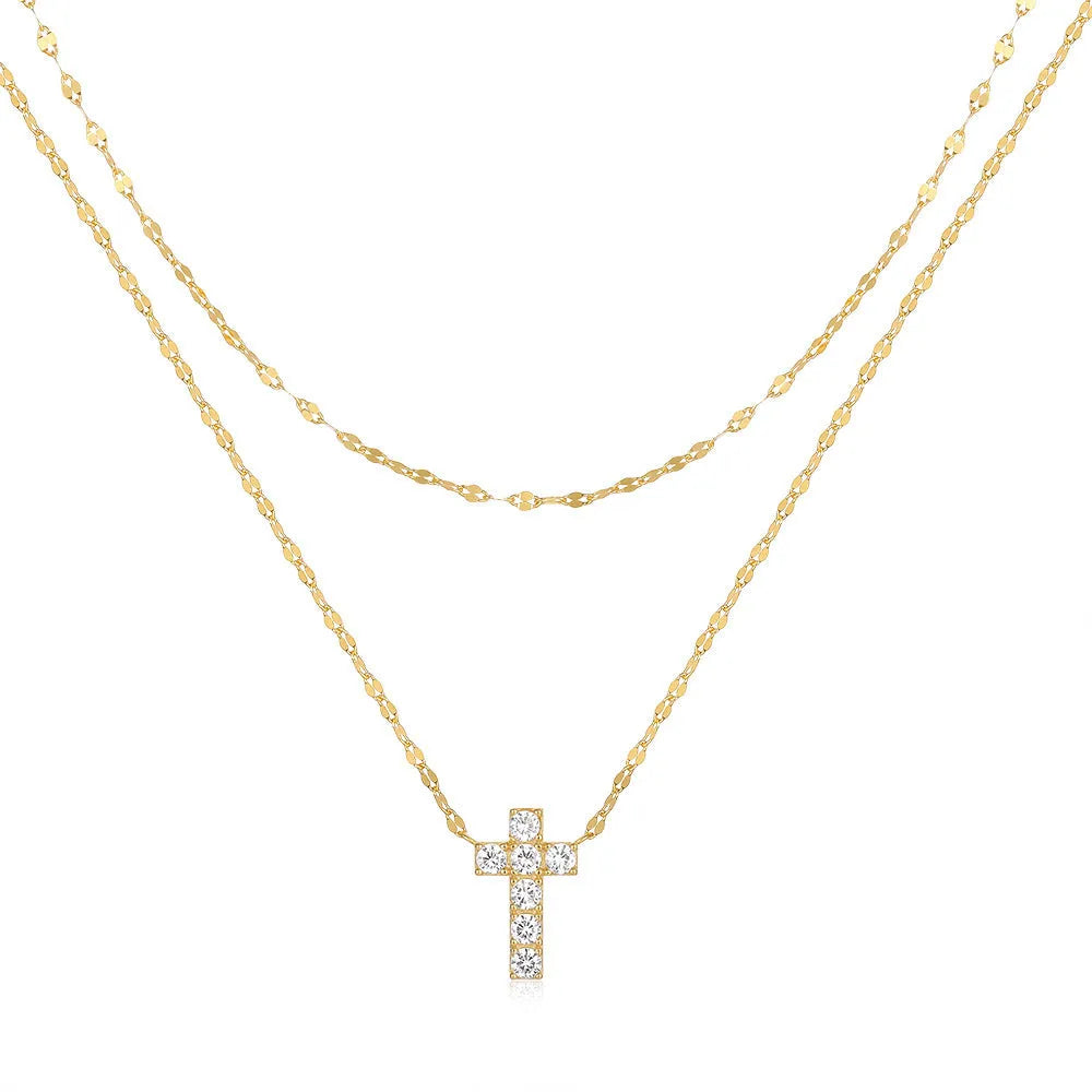 S925 sterling silver double layer twin diamond cross pendant necklace on an adjustable clavicle chain.