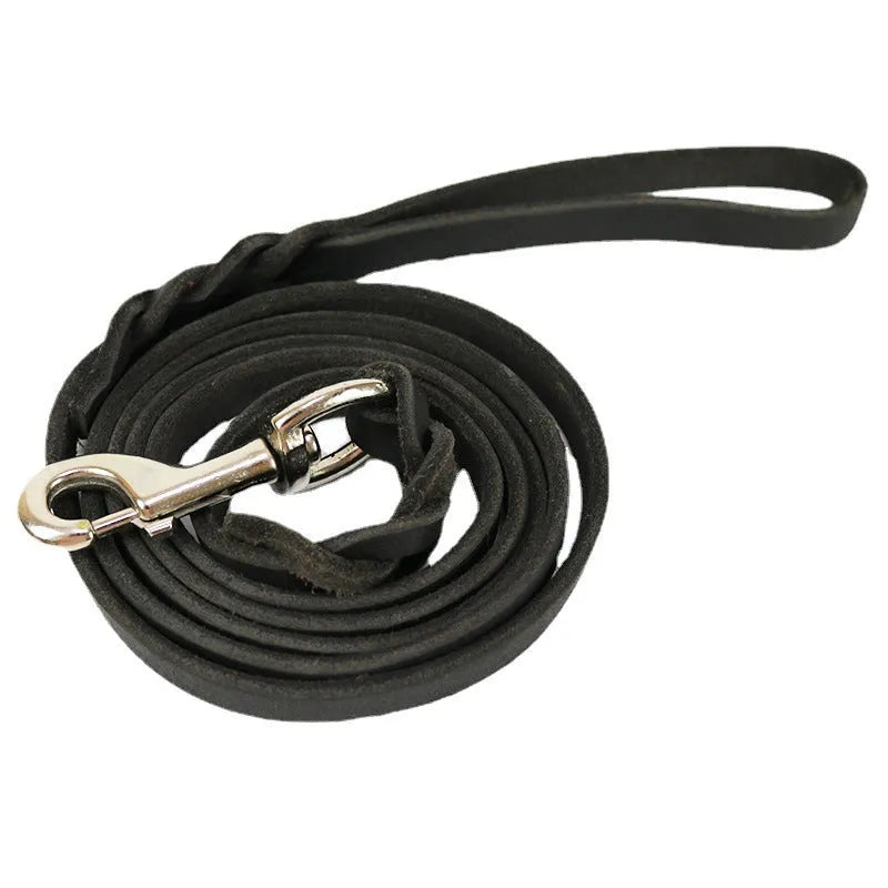 Leather dog walking rope in light brown colour with measurements showing 1.2cm width