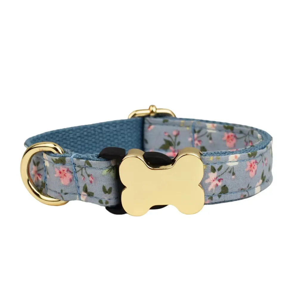 Flat nylon dog collar with printed grid pattern and bone-shaped buckle in multiple colour options.