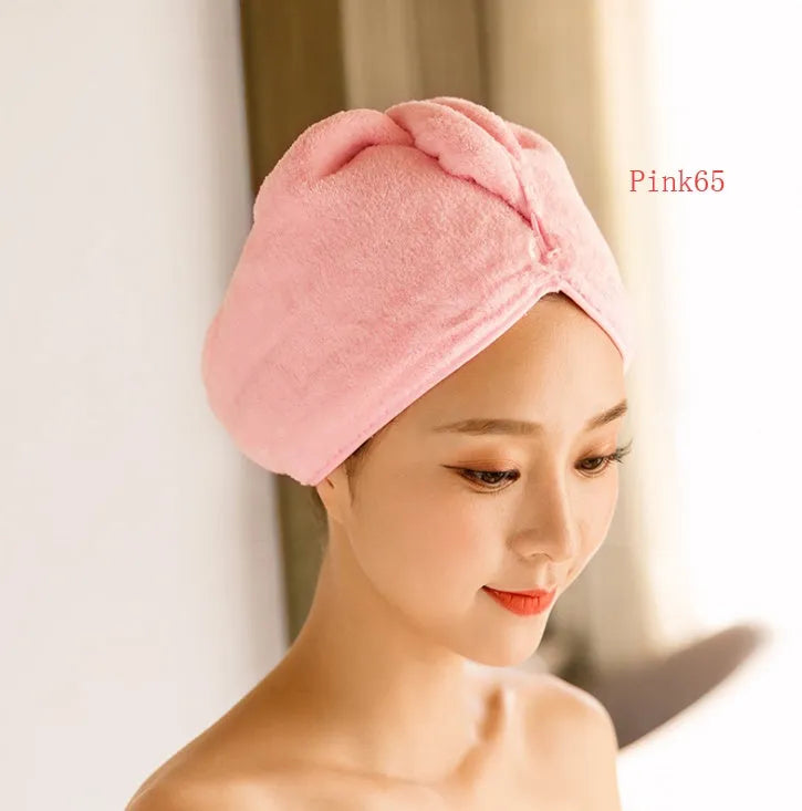 Microfiber hair dryer cap for women, shown in assorted colours including pink and blue.