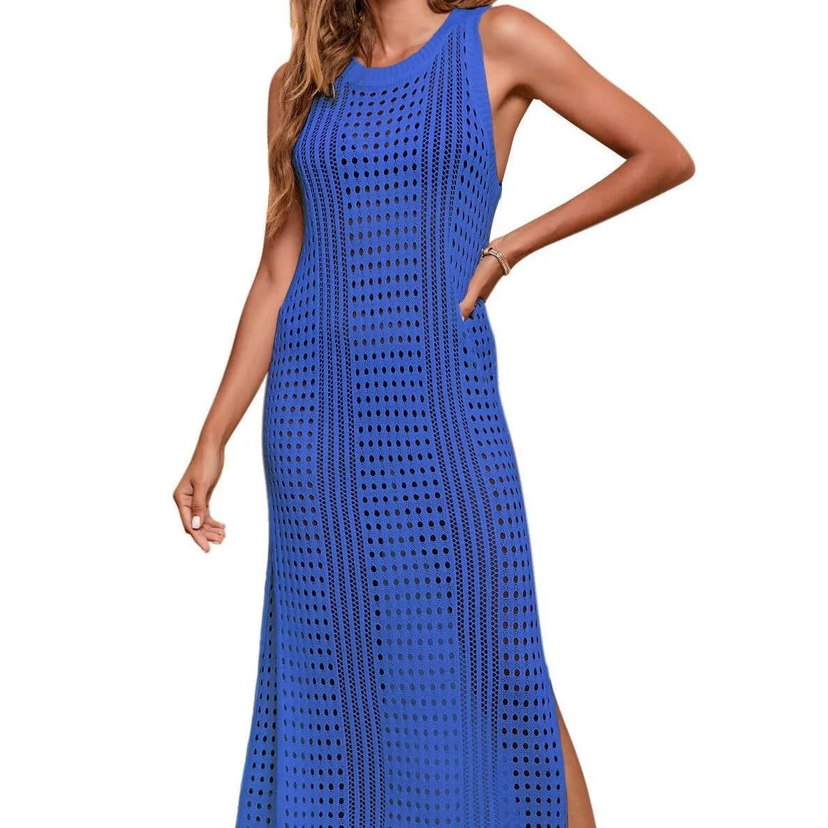 Women's long loose beach blouse in a hollow-out knit, shown in a solid colour with a cotton blend lining.