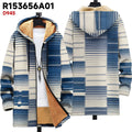 Man wearing a loose-fit, zip-up hooded cardigan with a multicolour digital print pattern.