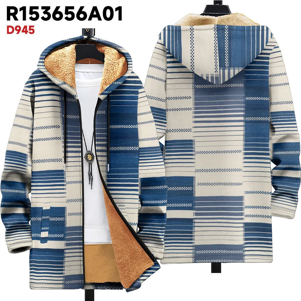 Man wearing a loose-fit, zip-up hooded cardigan with a multicolour digital print pattern.