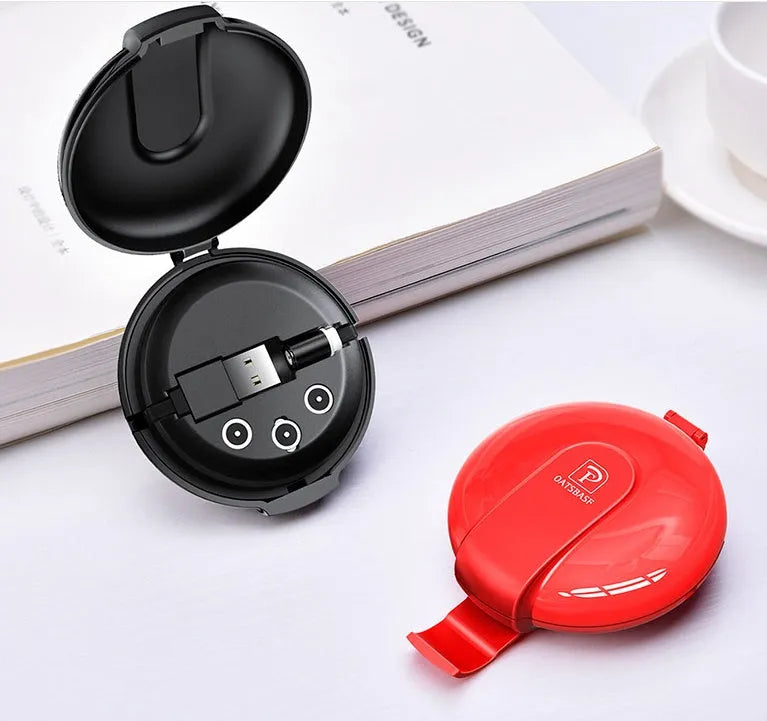 Black 3-in-1 magnetic retractable charger with car mount patch and 1-metre cable