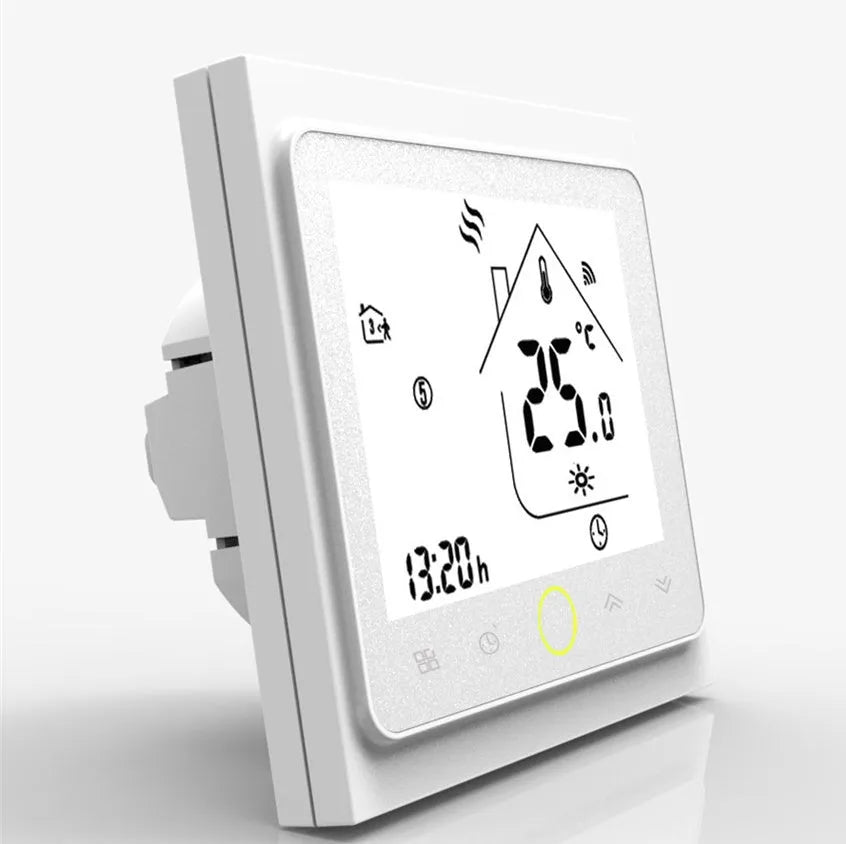 Intelligent central air conditioning thermostat in black or white with capacitive touch buttons and digital display