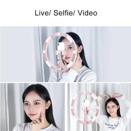 Portable 290mm LED selfie ring light in black on table, showing centre phone holder and adjustable brightness button