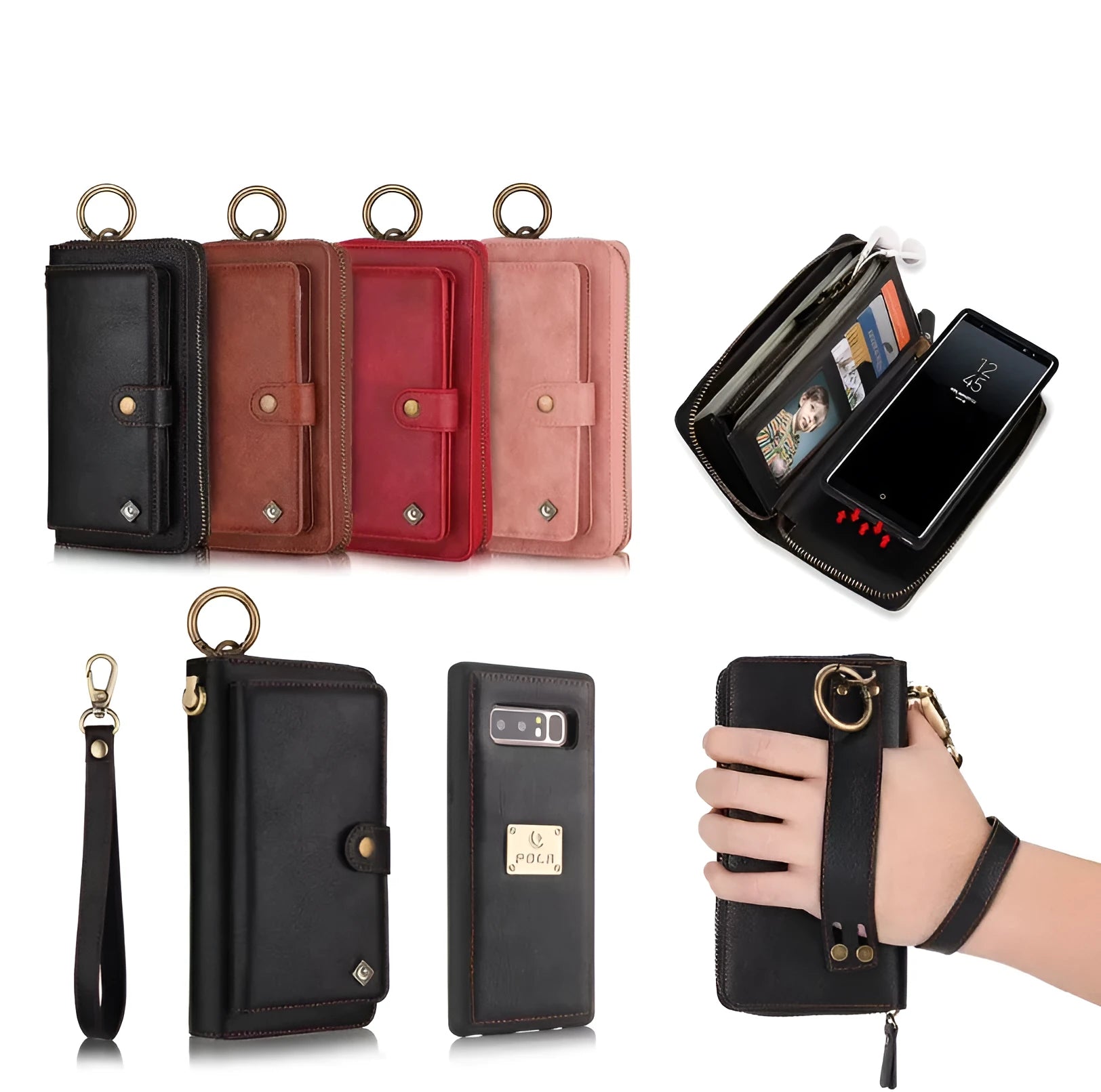 Imitation leather multi-function phone case with wallet and car mount for Samsung Galaxy and iPhone.