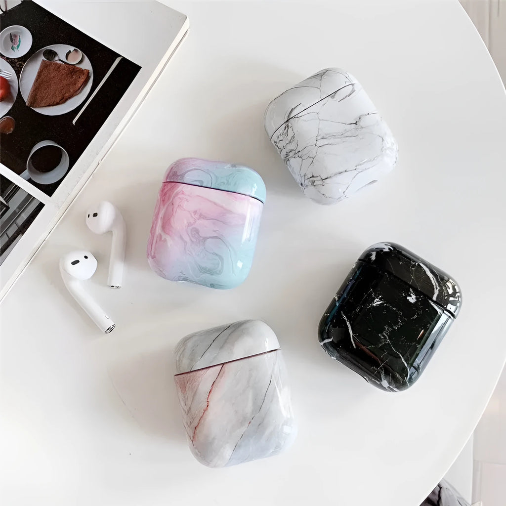 White marble patterned hard PC protective cover for AirPods 1 and AirPods 2 charging case.