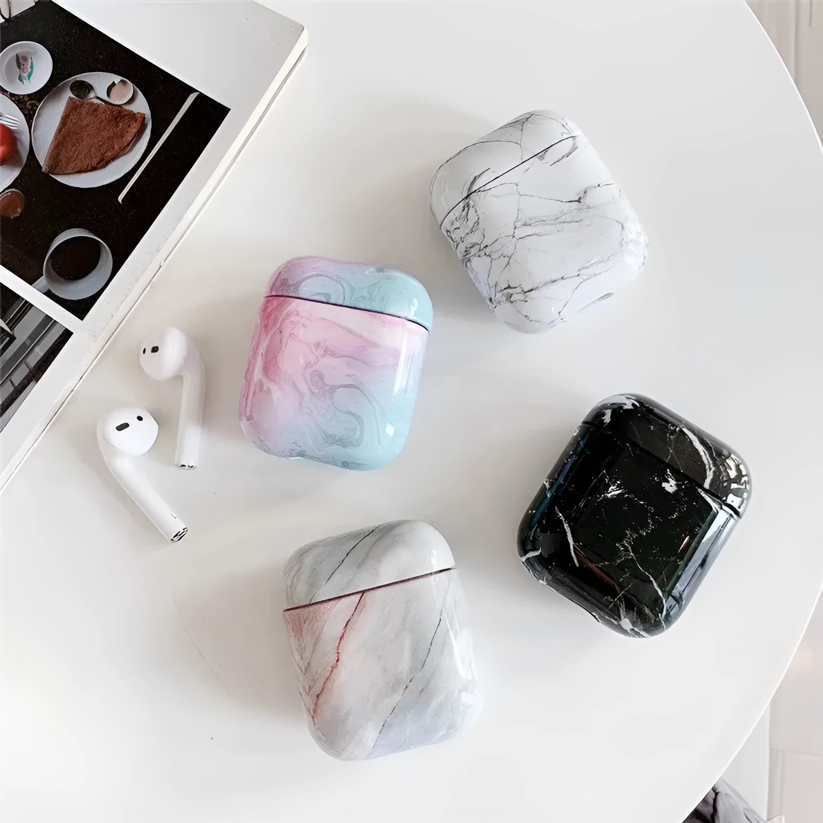 White marble patterned hard PC protective cover for AirPods 1 and AirPods 2 charging case.