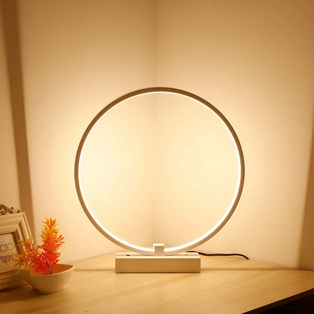 White acrylic LED bedside lamp with iron base, 25cm diameter, cool or warm white light
