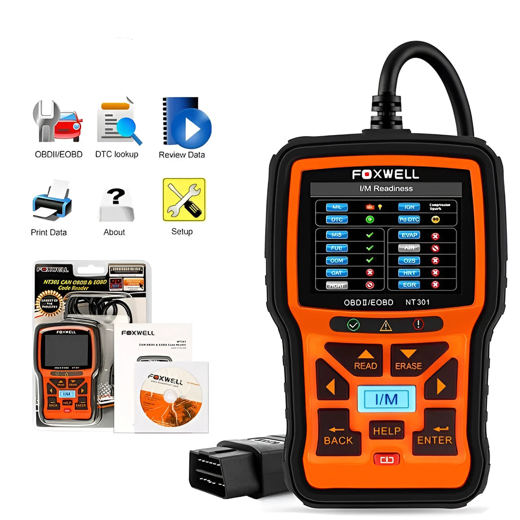 Orange vehicle diagnostic tool with 2.8 inch TFT colour screen showing diagnostic data, dimensions 145x94x32 mm