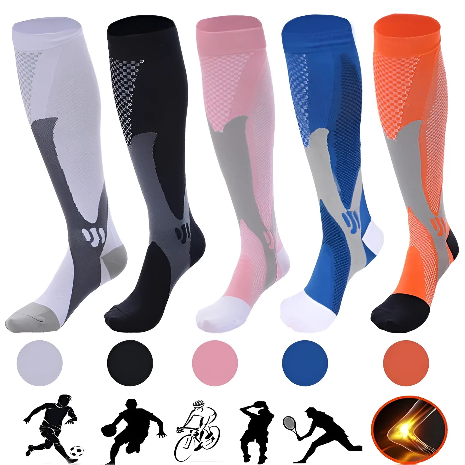 Graduated compression socks showing calf support design in various colour options