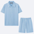 Khaki Tencel knitted short sleeve top and matching shorts two-piece set laid flat.