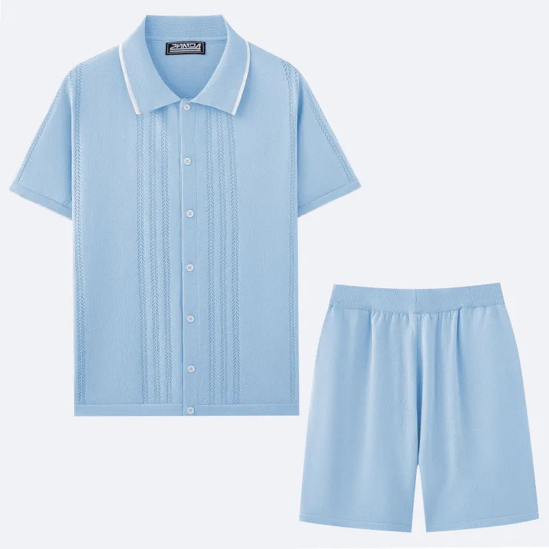 Khaki Tencel knitted short sleeve top and matching shorts two-piece set laid flat.