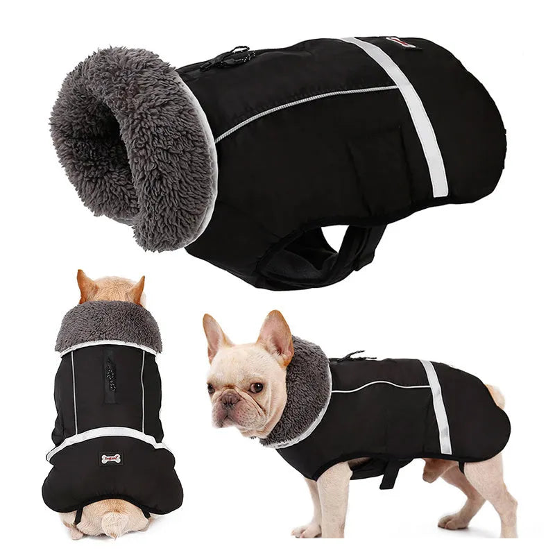 Thick warm dog vest with waterproof nylon, fleece lining, PP cotton filling, reflective and adjustable, black blue purple red
