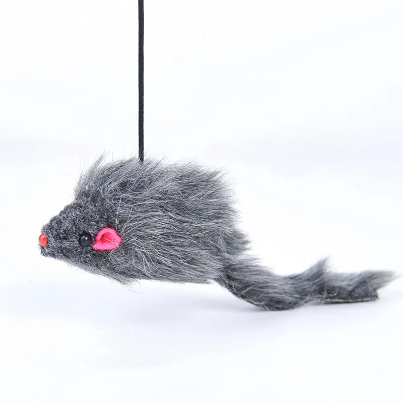 Pet telescopic hanging door cat toy with mouse plush on elastic rope attached to a door frame