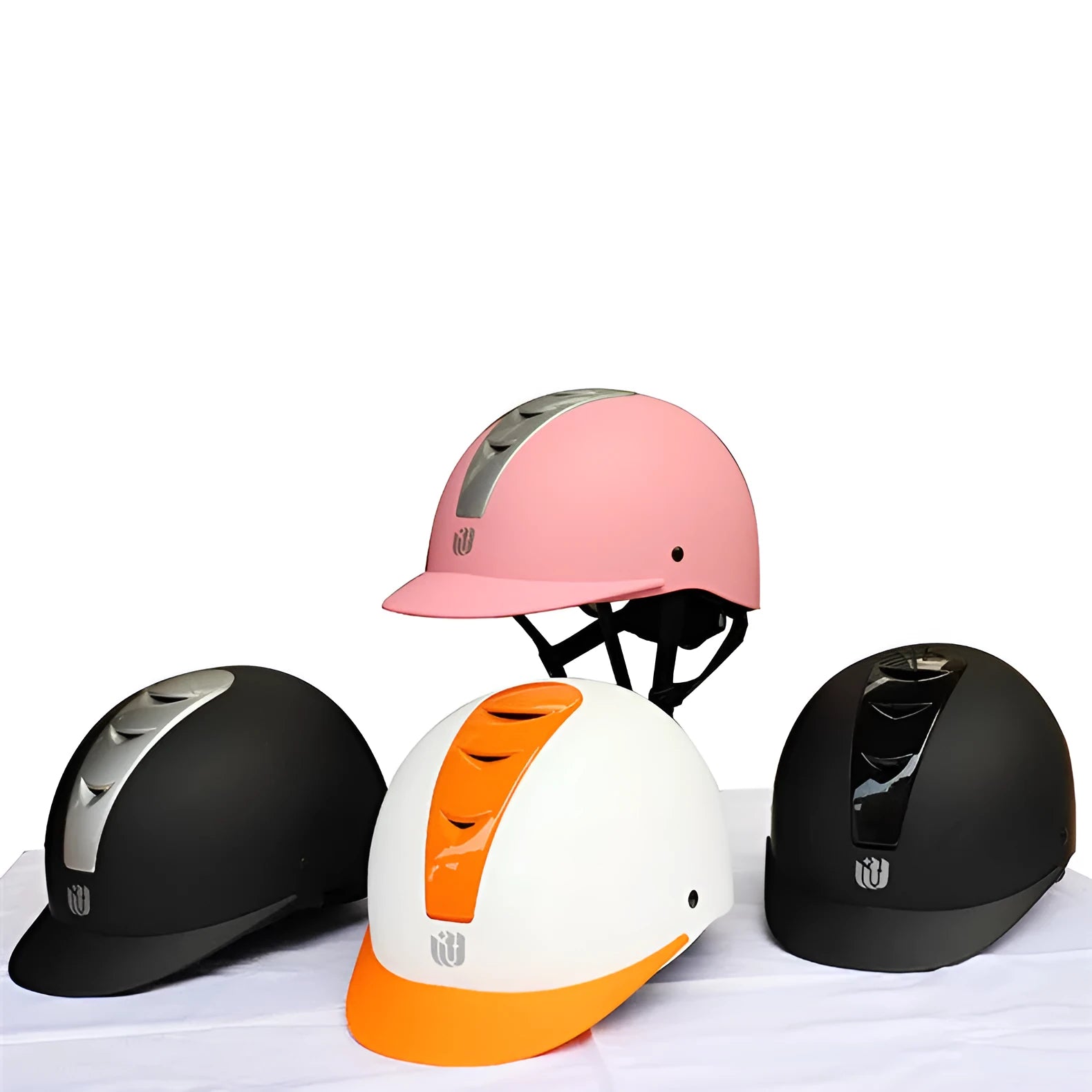 Super light summer equestrian riding helmet in bright black, silver pink, white orange, and silver black colours.