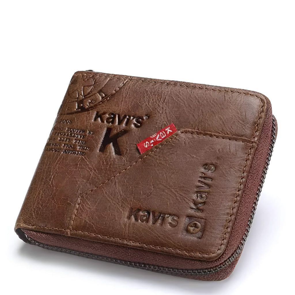 Men's brown genuine leather wallet with multiple compartments and zipper closure