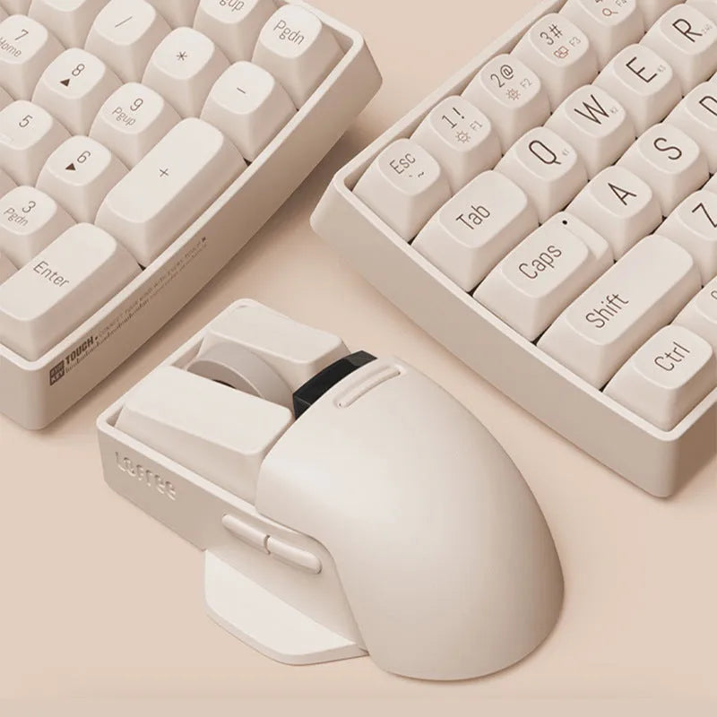 Xiaoqiao tofu-coloured wireless mouse with Type-C cable and USB receiver on a desk.