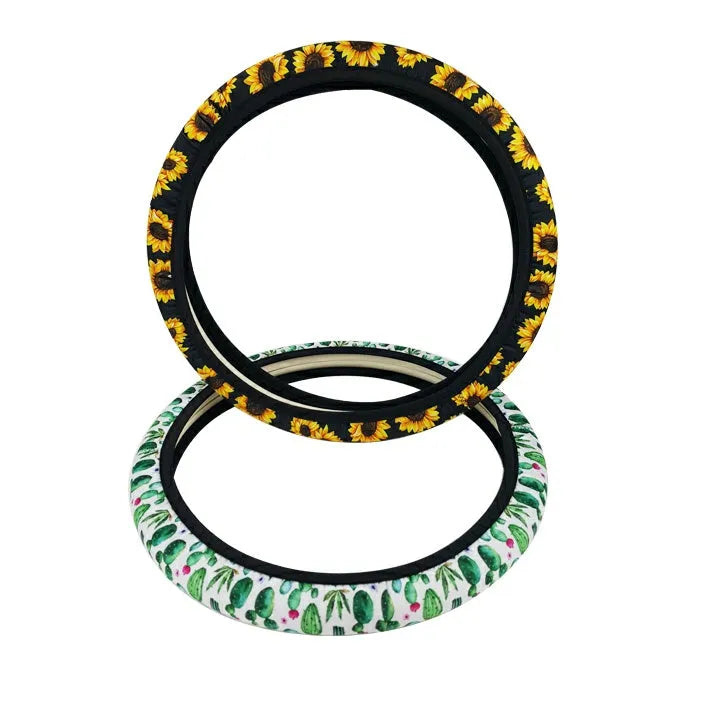 Universal 38cm 40cm steering wheel cover in diving material and natural rubber, 41g, shown in green and yellow colour options