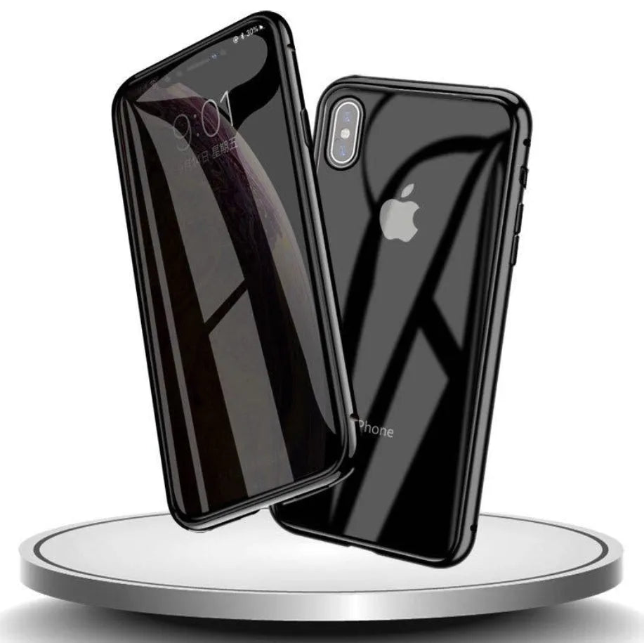 Closed clamshell anti-spy iPhone case in black showing tempered glass back and metallic Faraday cage interior.
