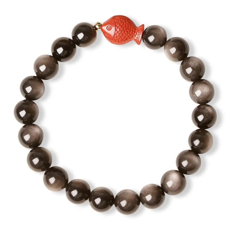 Natural obsidian and cinnabar round bead bracelet shown in three size options.