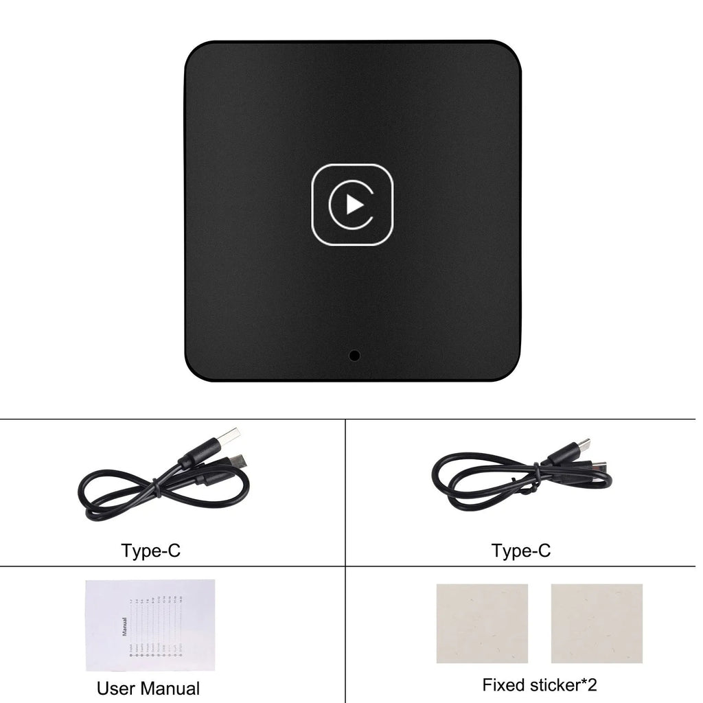 Black wireless CarPlay adapter module with USB cables for converting wired CarPlay systems