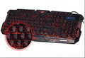 Black USB wired gaming keyboard with blue, purple, and red LED backlight, 19-key anti-ghosting, and ergonomic S-shaped design.