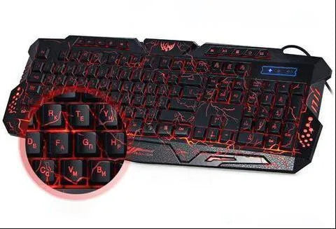 Black USB wired gaming keyboard with blue, purple, and red LED backlight, 19-key anti-ghosting, and ergonomic S-shaped design.