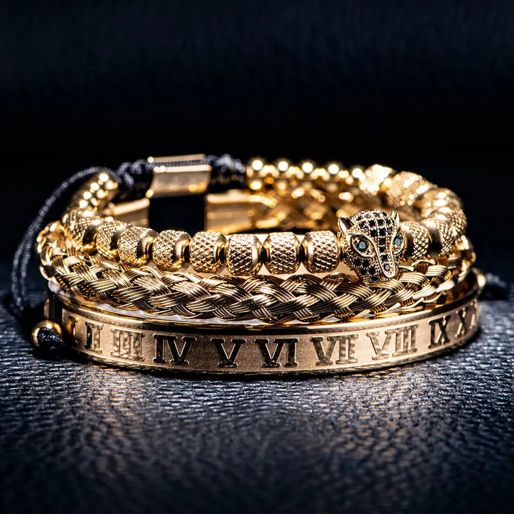 Leopard head titanium steel unisex bracelet with mesh pineapple beads and Roman style in black, gold or silver finish