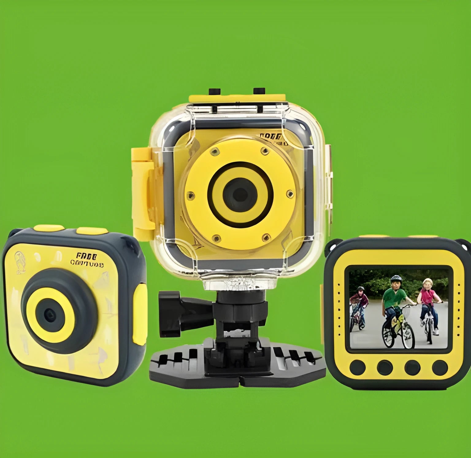 Yellow children's waterproof sports camera with 1.77-inch screen showing 5MP photo resolution and HD video recording