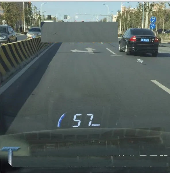 A101 OBD2 universal head-up display with 3-inch LED screen in black, mounted on car dashboard with speed and temperature projection