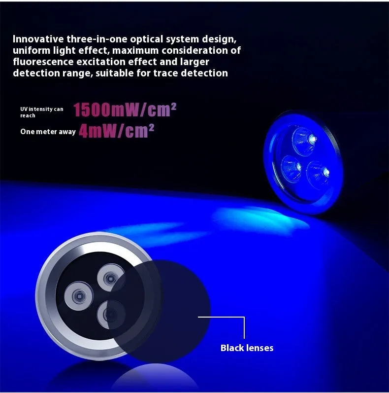 Aluminium UV flashlight for detecting pet urine stains and insects with USB-C charging port