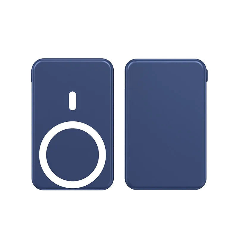 Ultra-thin portable power bank with magnetic wireless charging for iPhone in black, blue or white colours