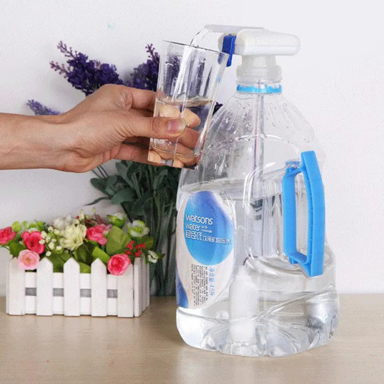 Manual blue and white handle beverage pump with long silicone straws for transferring milk and juice.