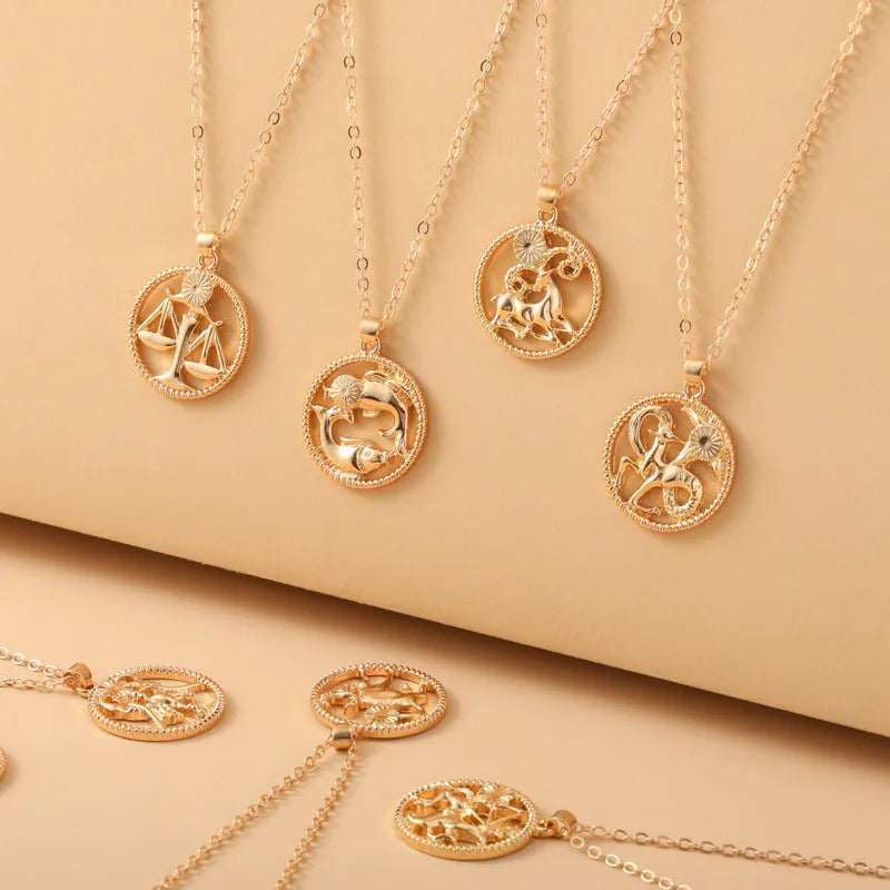 Simple alloy zodiac pendant necklace featuring twelve constellations including Aries, Taurus, Gemini, Cancer, Leo, Virgo, Libra, Scorpio, Sagittarius, Capricorn, Aquarius, and Pisces